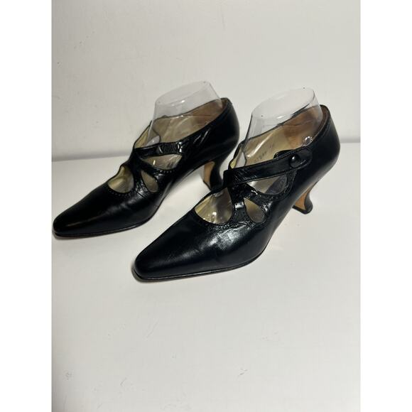 VTG Kenneth Cole 80s 90s Black Victorian Strappy Granny Edwardian Pump Heel 10 - Picture 3 of 8